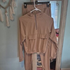Neutral Tan Two-Piece Zip Pullover Set